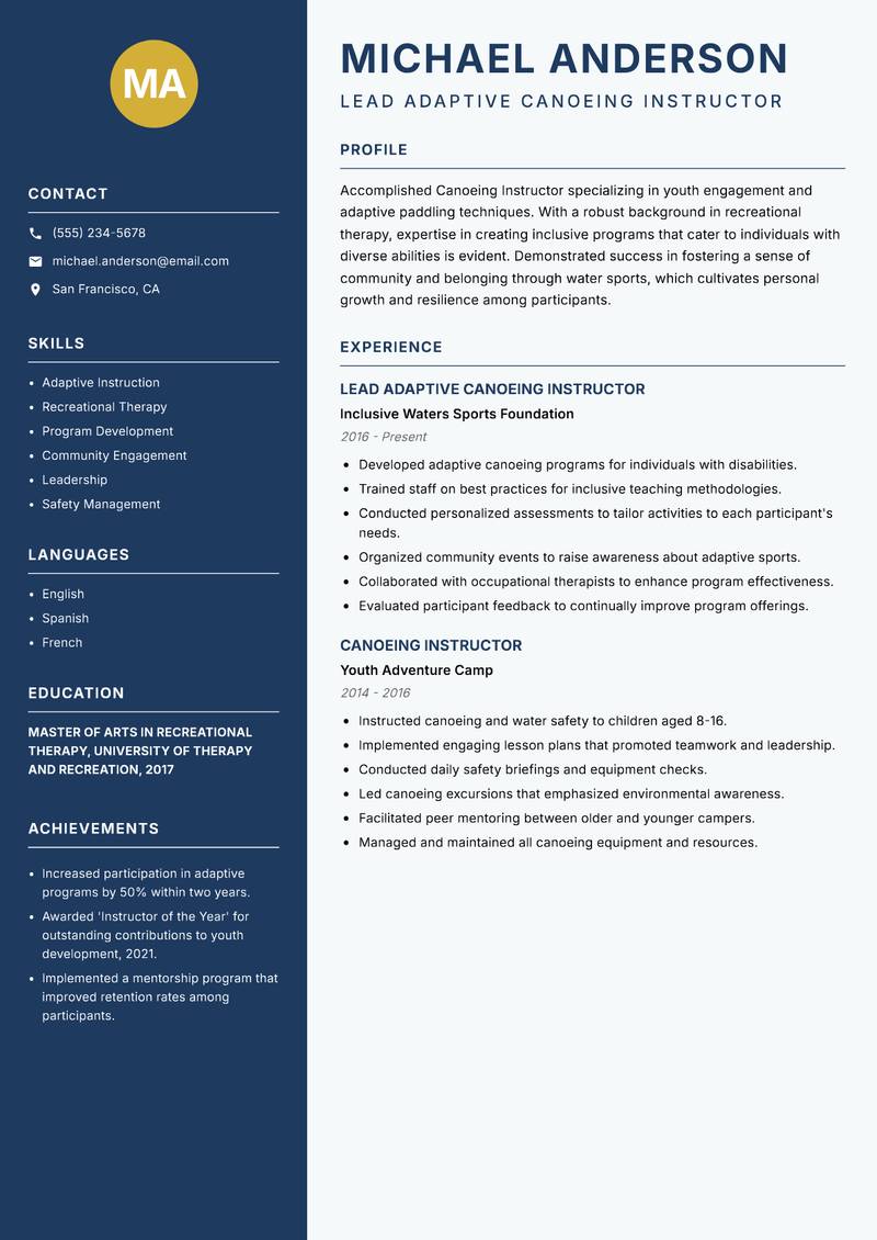 Canoeing Instructor resume sample — Lead Adaptive Canoeing Instructor focus