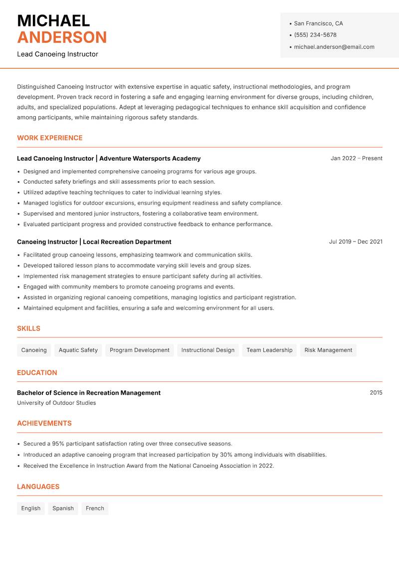 Canoeing Instructor resume sample — Lead Canoeing Instructor focus