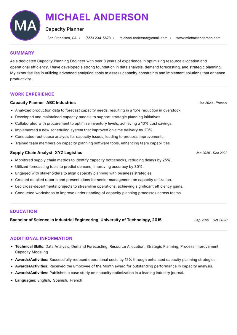 Capacity Planning Engineer resume example