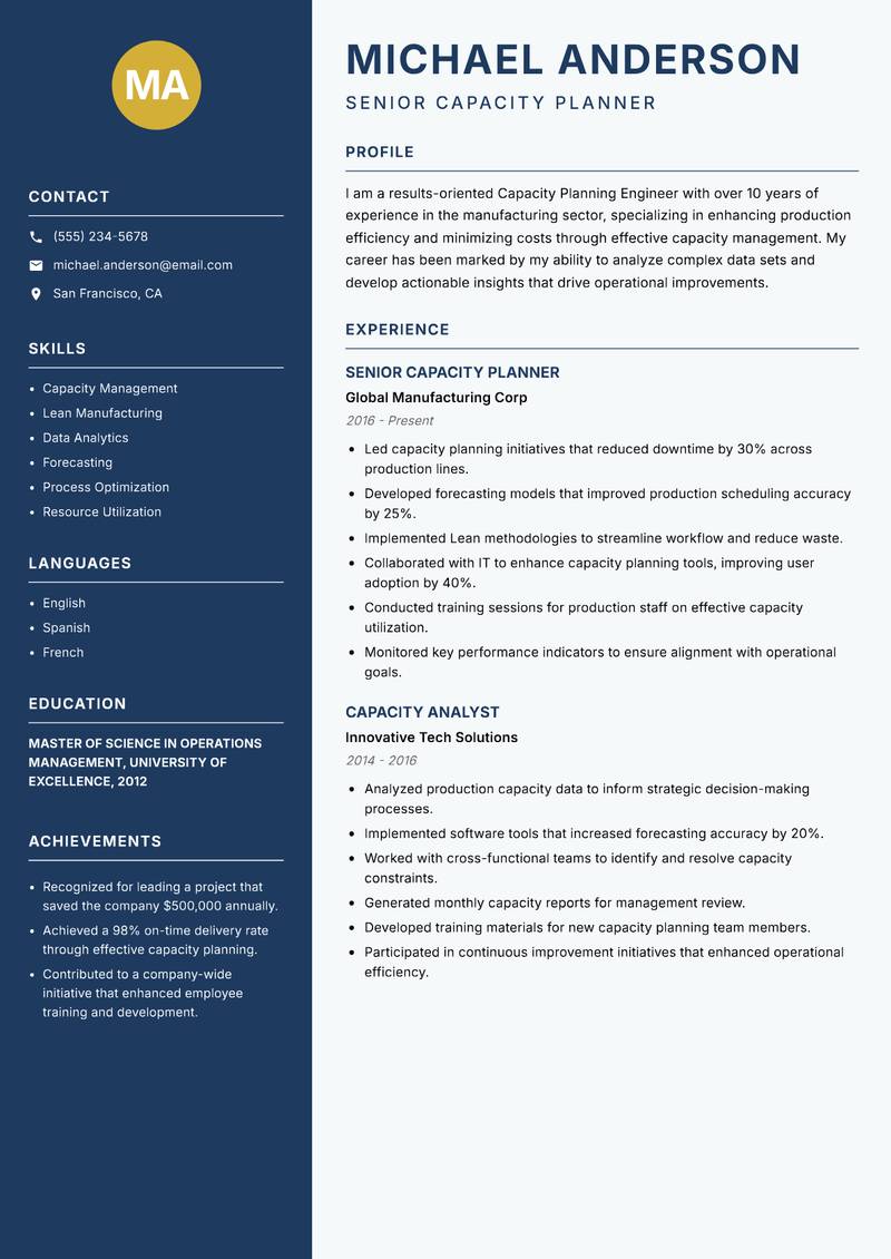 Capacity Planning Engineer resume sample — Senior Capacity Planner focus
