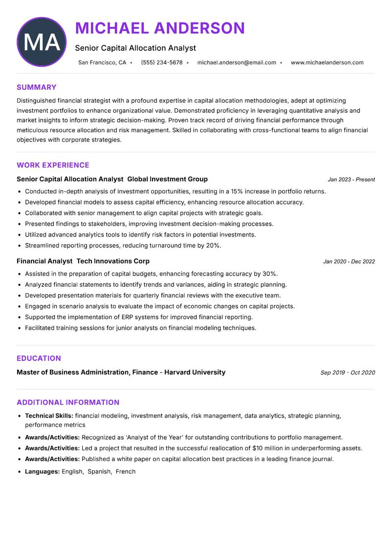 Capital Allocation Analyst resume example
