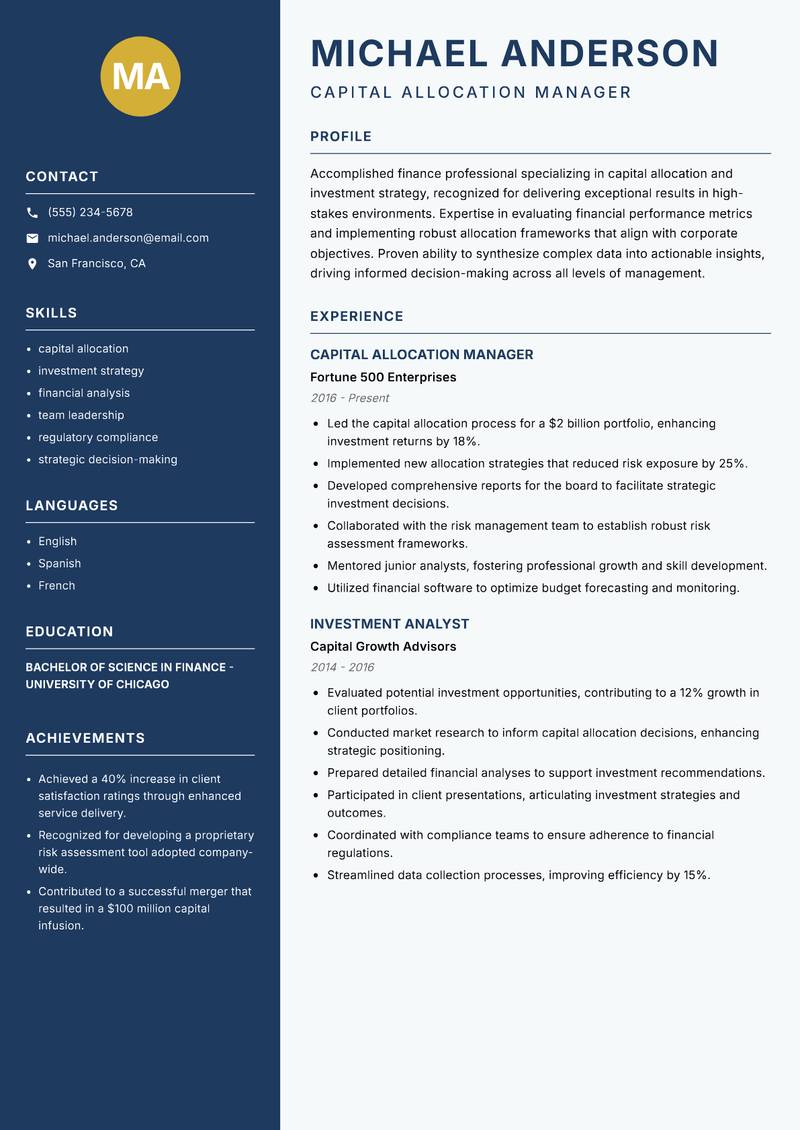 Capital Allocation Analyst resume sample — Capital Allocation Manager focus
