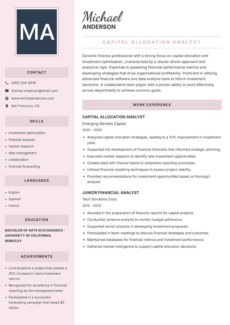 Capital Allocation Analyst resume sample — Capital Allocation Analyst focus