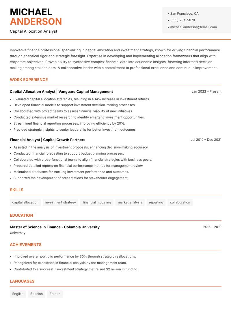 Capital Allocation Analyst resume sample — Capital Allocation Analyst focus