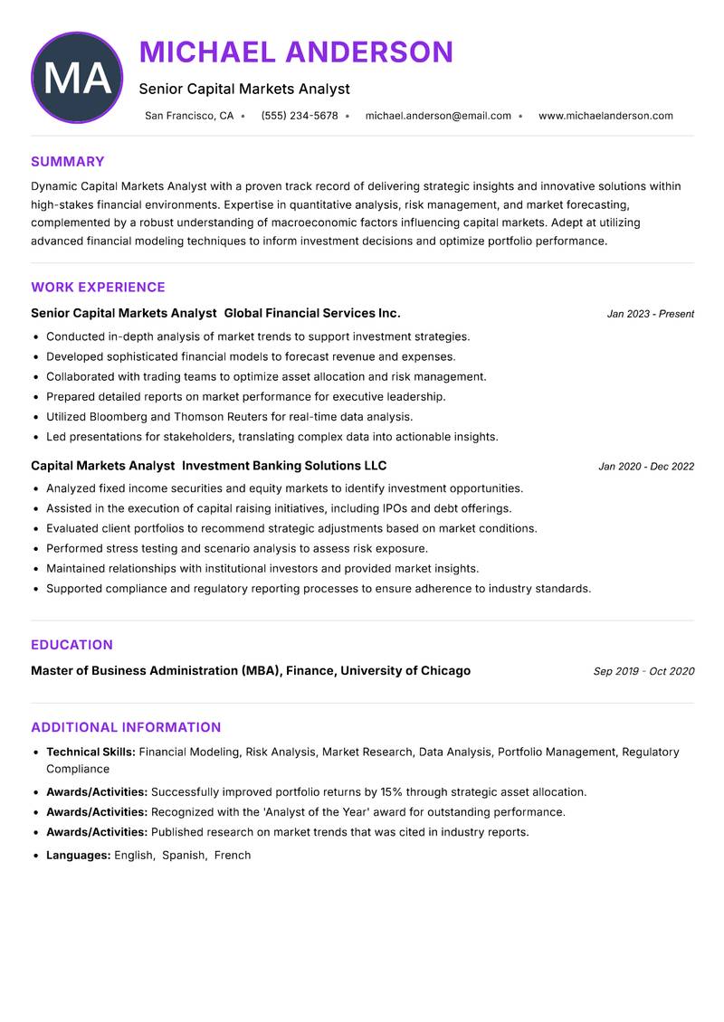 Capital Markets Analyst resume example