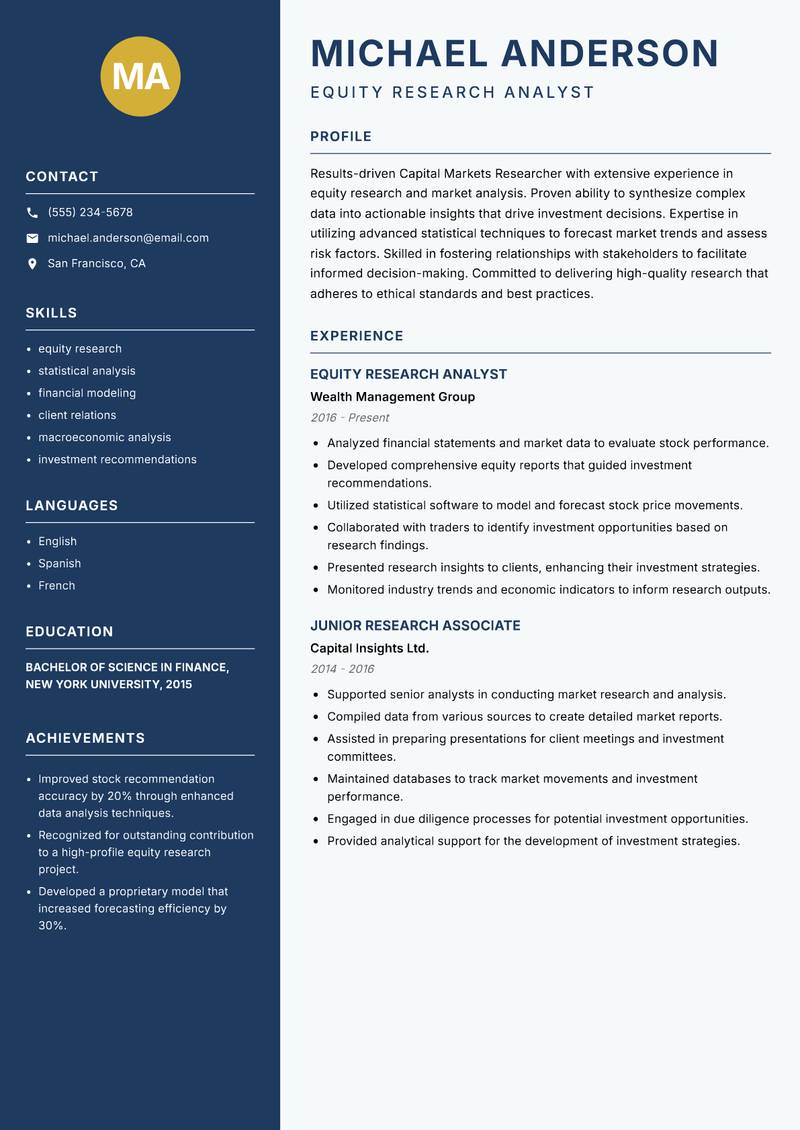 Capital Markets Researcher resume sample — Equity Research Analyst focus
