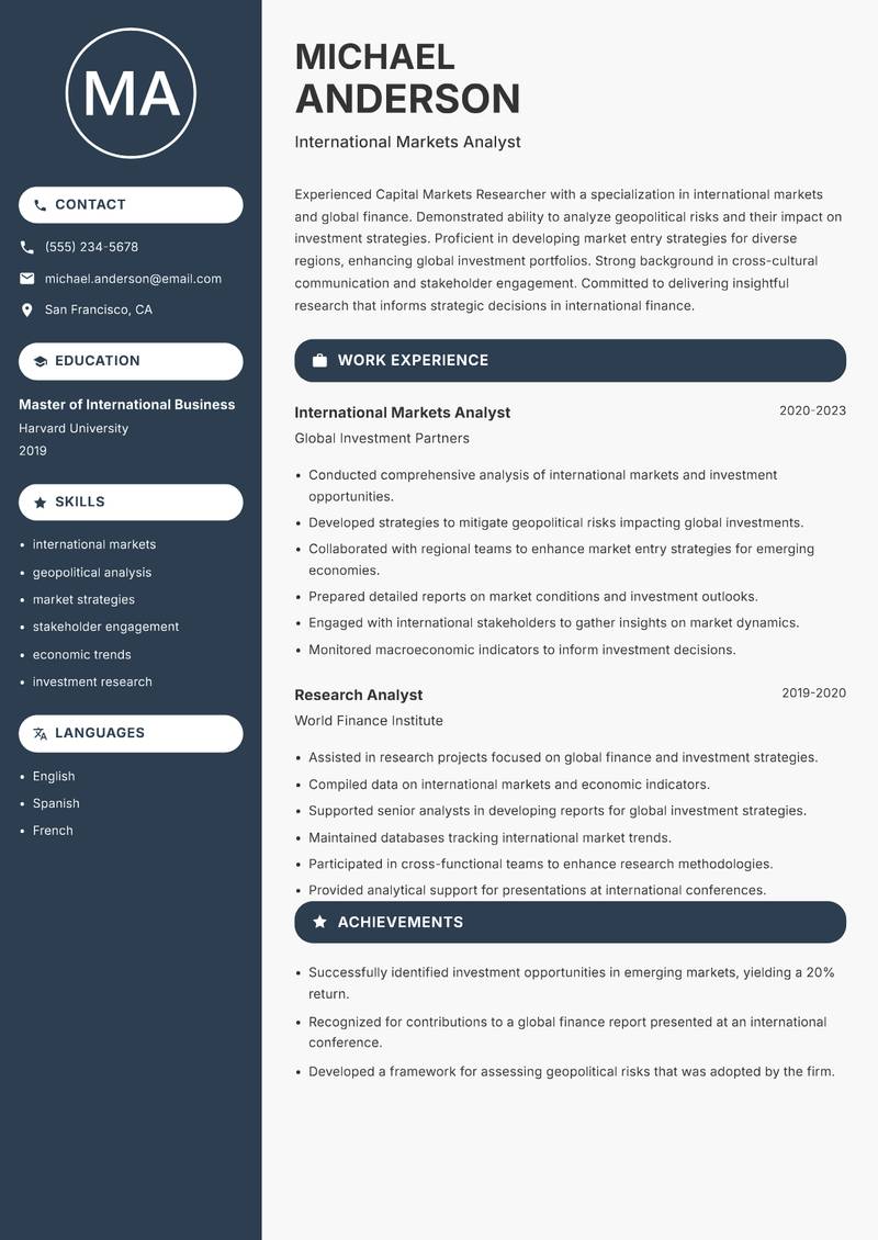 Capital Markets Researcher resume sample — International Markets Analyst focus