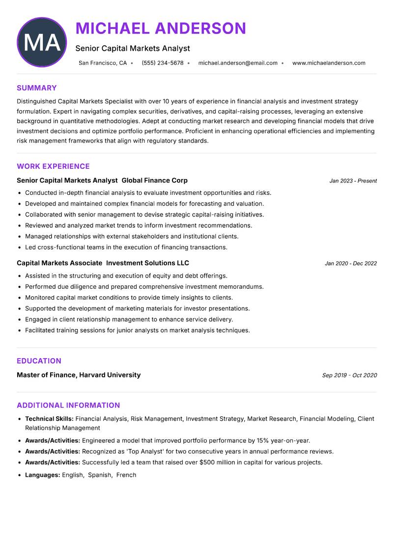 Capital Markets Specialist resume example