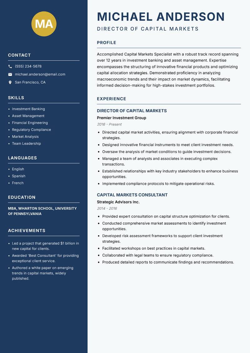 Capital Markets Specialist resume sample — Director of Capital Markets focus