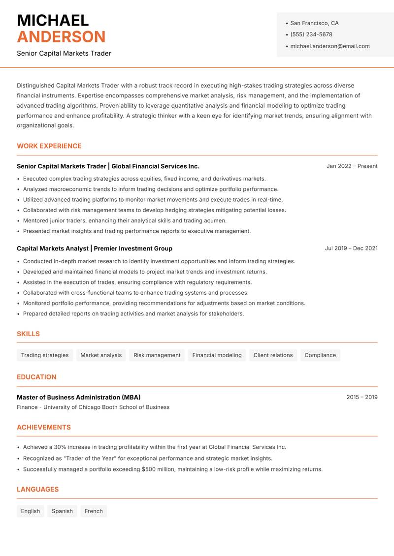 Capital Markets Trader resume sample — Senior Capital Markets Trader focus