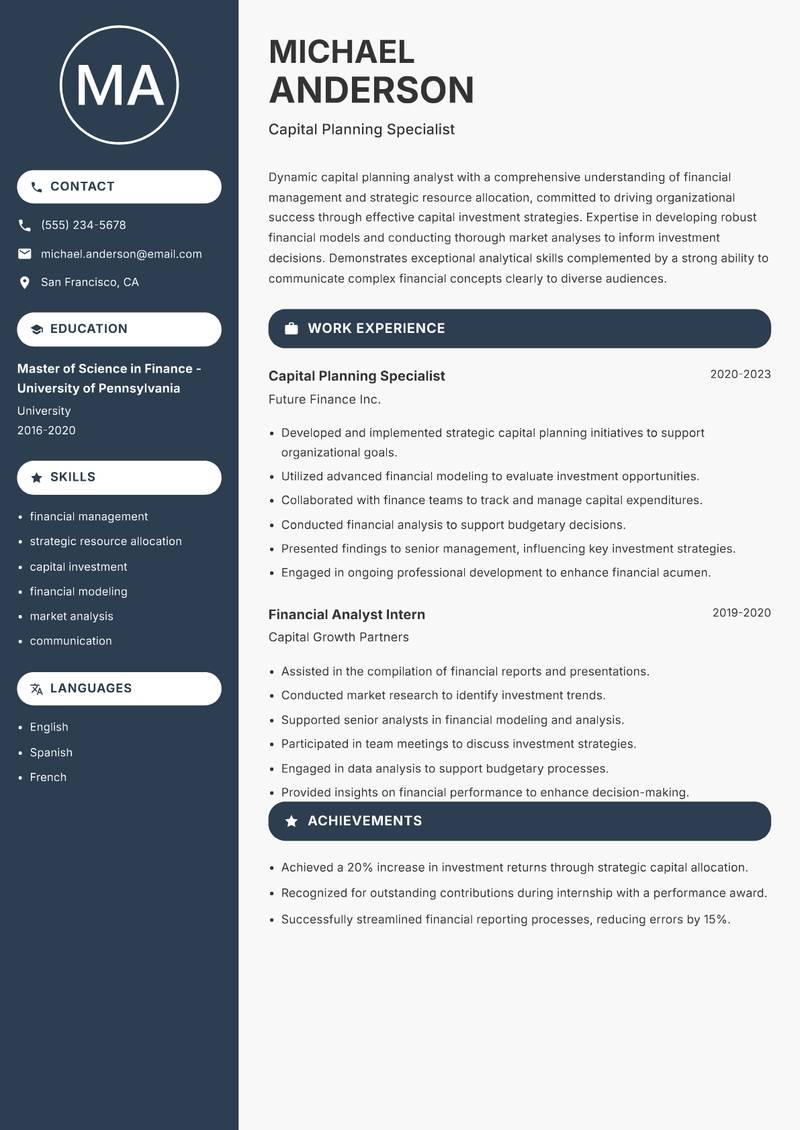 Capital Planning Analyst resume sample — Capital Planning Specialist focus