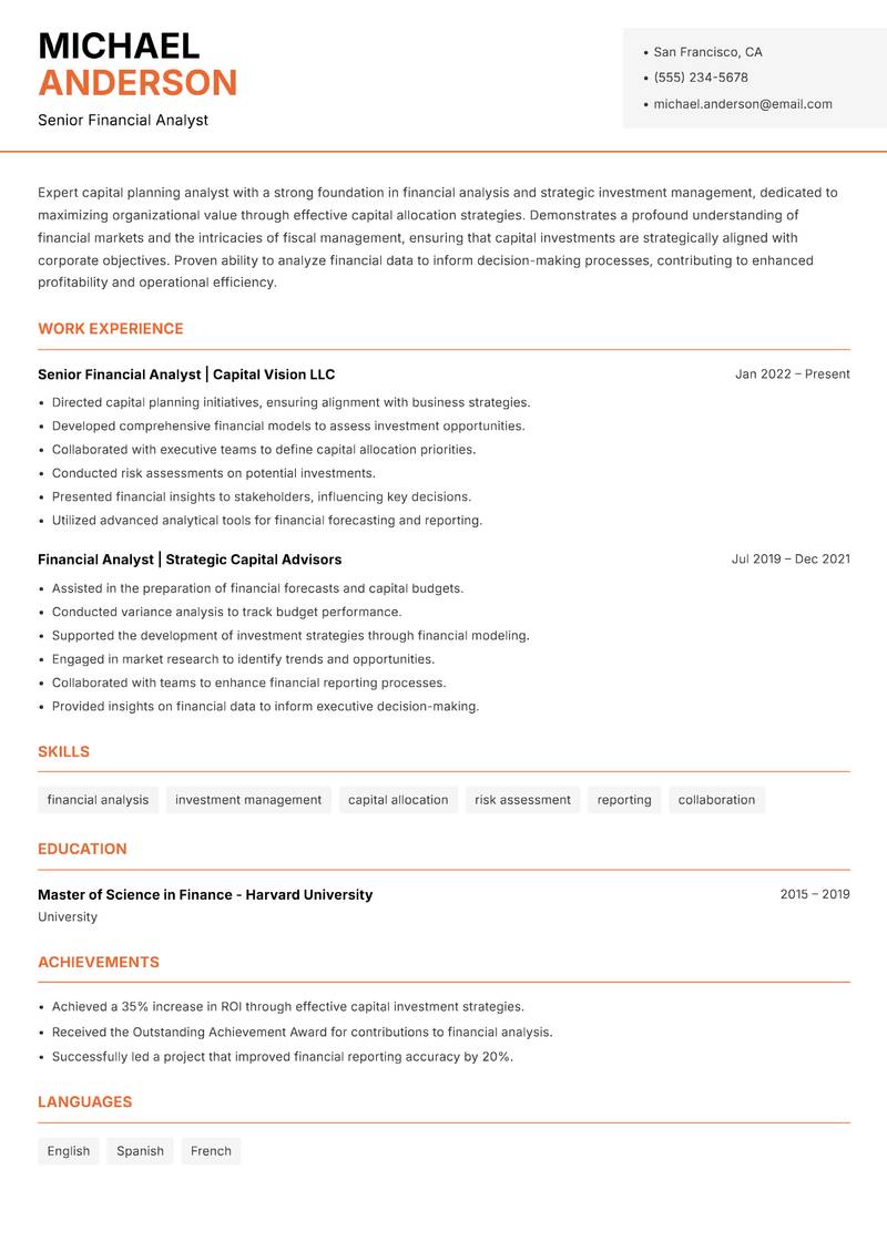 Capital Planning Analyst resume sample — Senior Financial Analyst focus