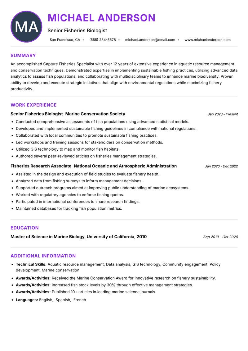 Capture Fisheries Specialist resume example