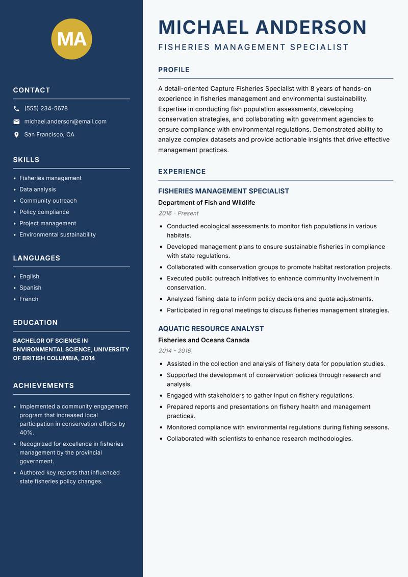 Capture Fisheries Specialist resume sample — Fisheries Management Specialist focus