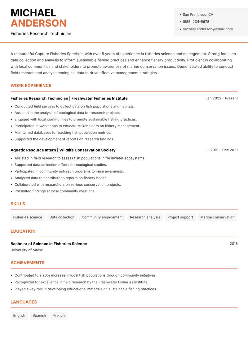 Capture Fisheries Specialist resume sample — Fisheries Research Technician focus
