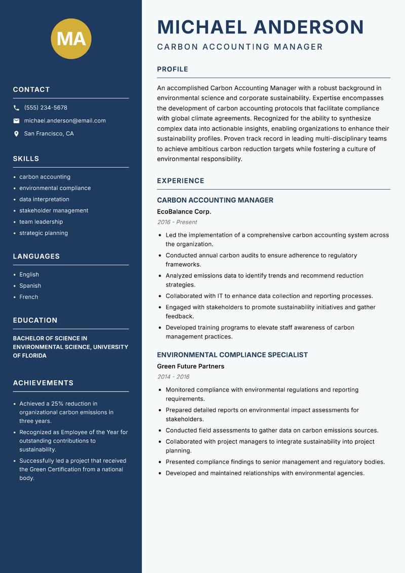 Carbon Accounting Manager resume sample — Carbon Accounting Manager focus