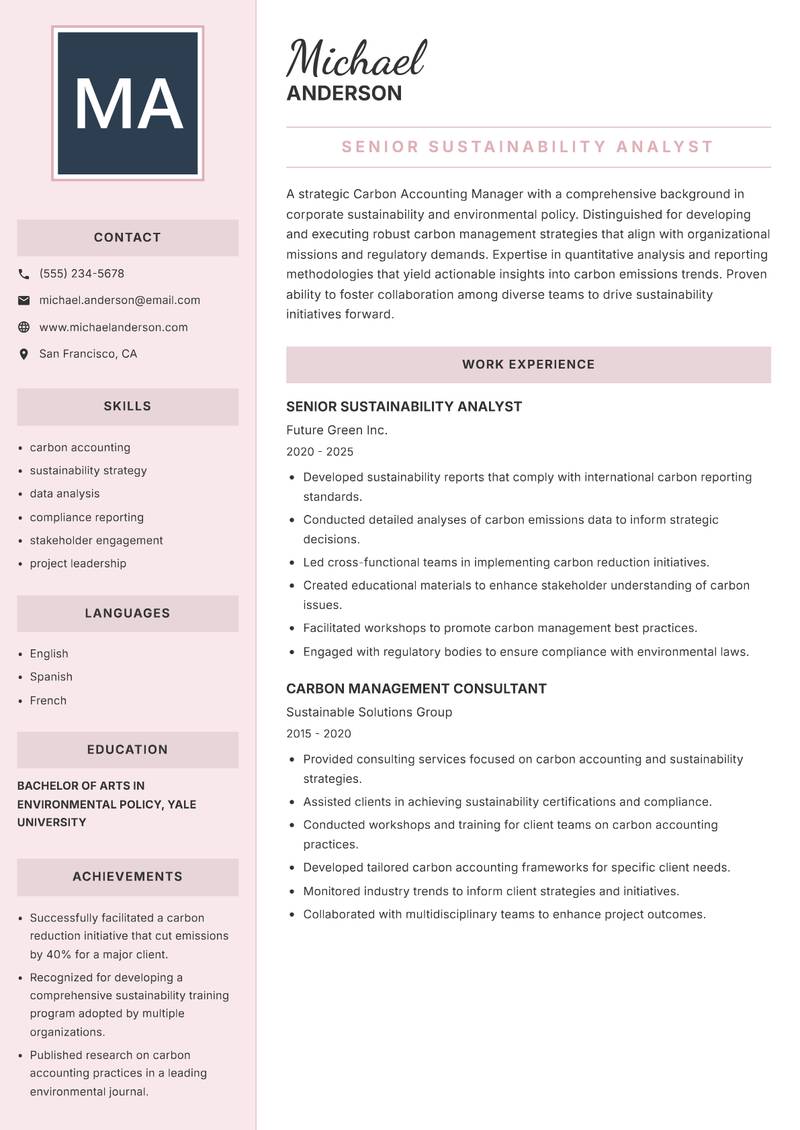 Carbon Accounting Manager resume sample — Senior Sustainability Analyst focus