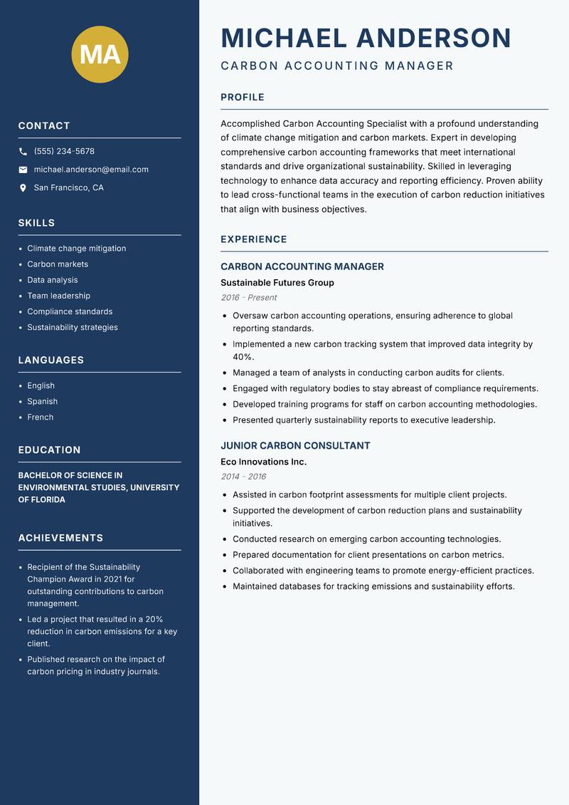 Carbon Accounting Specialist resume sample — Carbon Accounting Manager focus