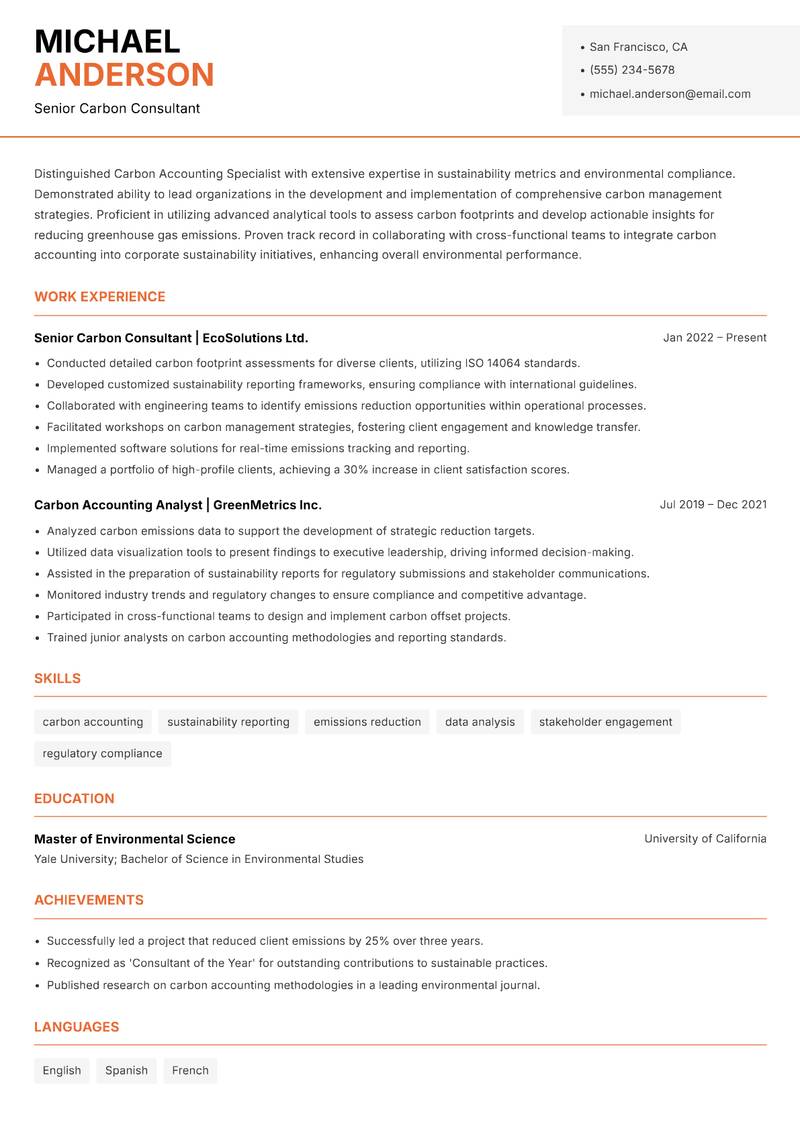 Carbon Accounting Specialist resume sample — Senior Carbon Consultant focus