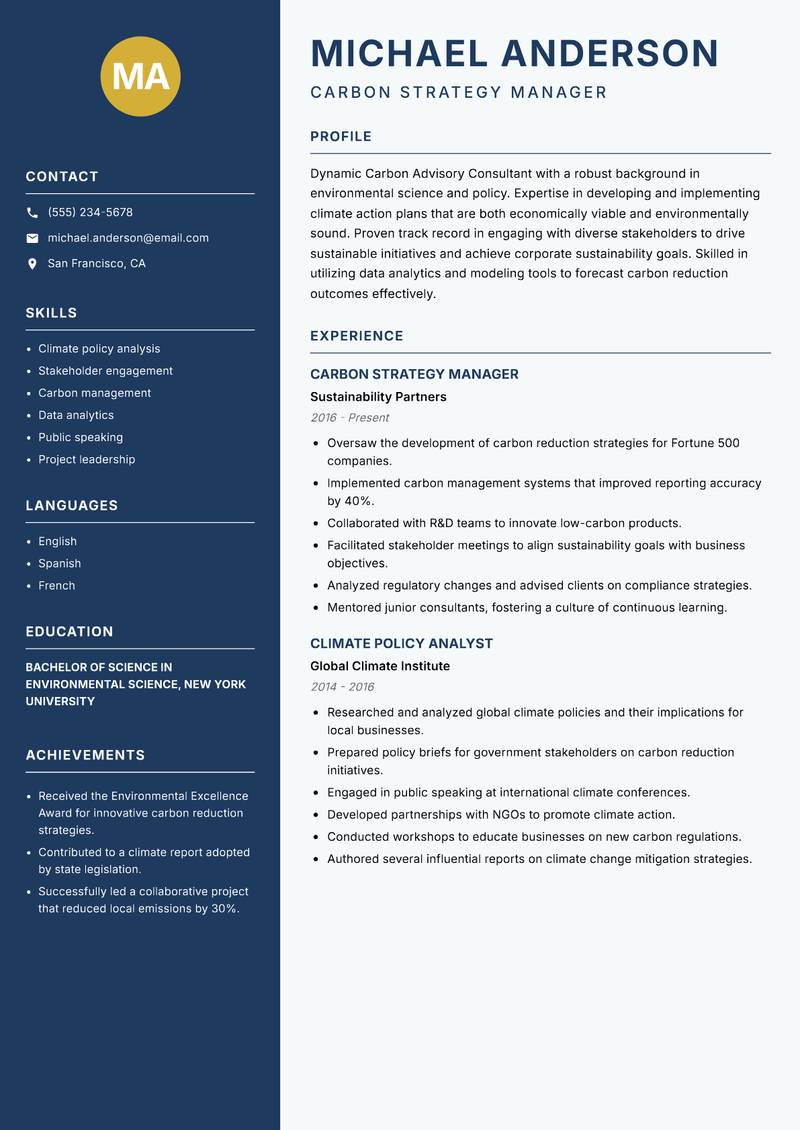 Carbon Advisory Consultant resume sample — Carbon Strategy Manager focus
