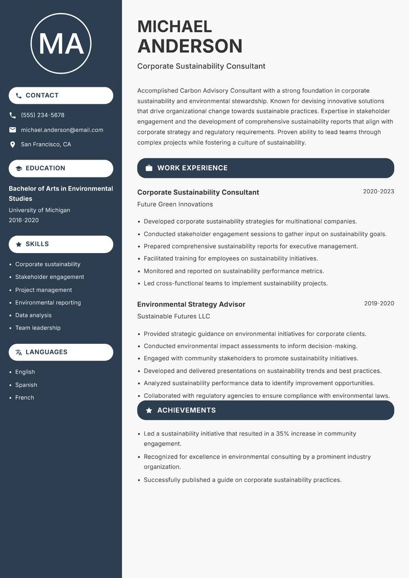 Carbon Advisory Consultant resume sample — Corporate Sustainability Consultant focus
