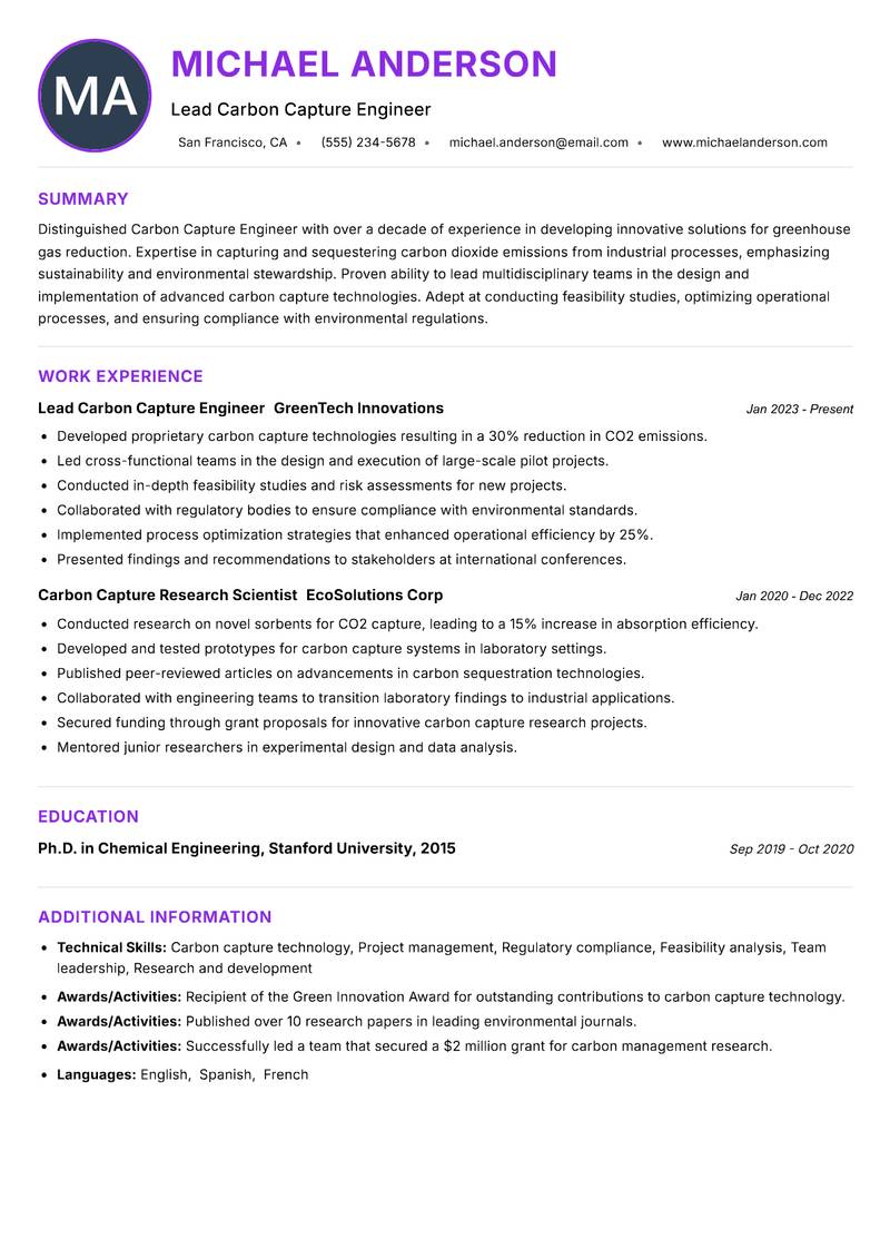 Carbon Capture Engineer resume example