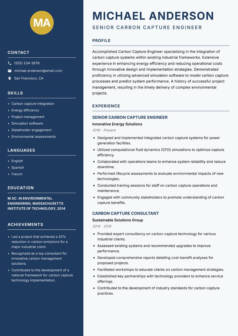 Carbon Capture Engineer resume sample — Senior Carbon Capture Engineer focus