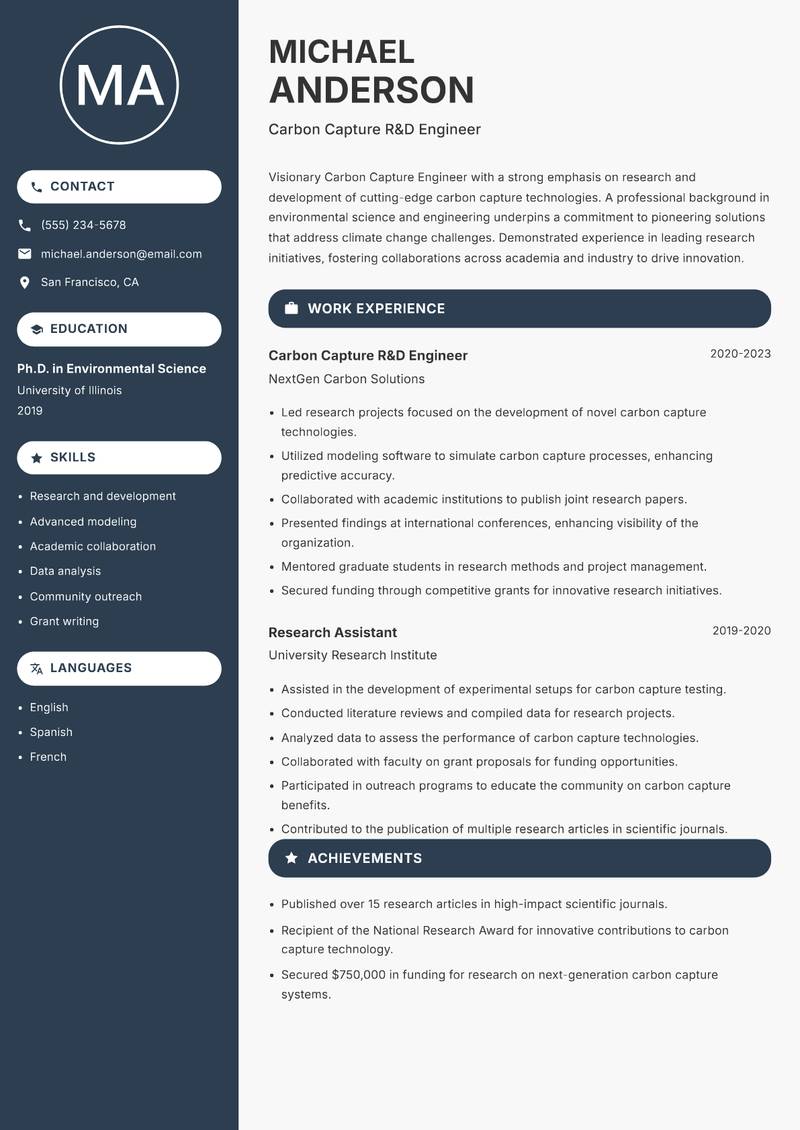 Carbon Capture Engineer resume sample — Carbon Capture R&D Engineer focus