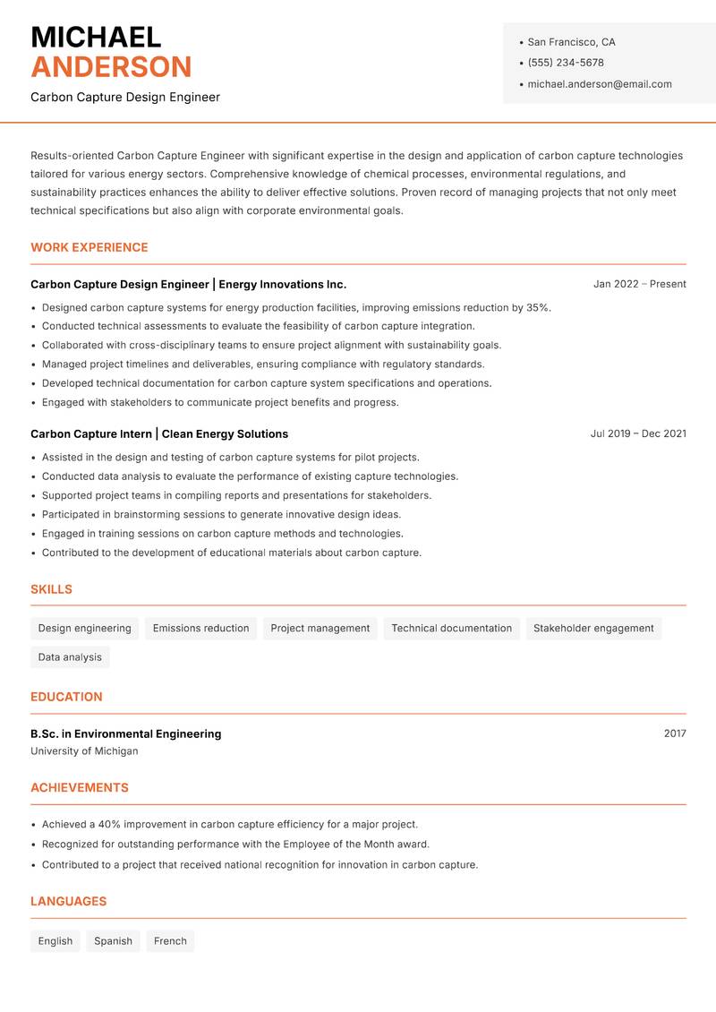 Carbon Capture Engineer resume sample — Carbon Capture Design Engineer focus