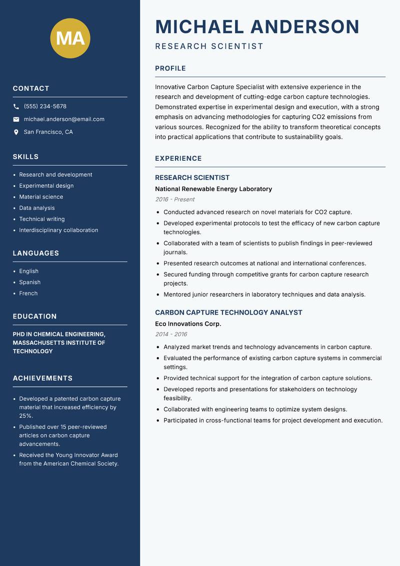 Carbon Capture Specialist resume sample — Research Scientist focus