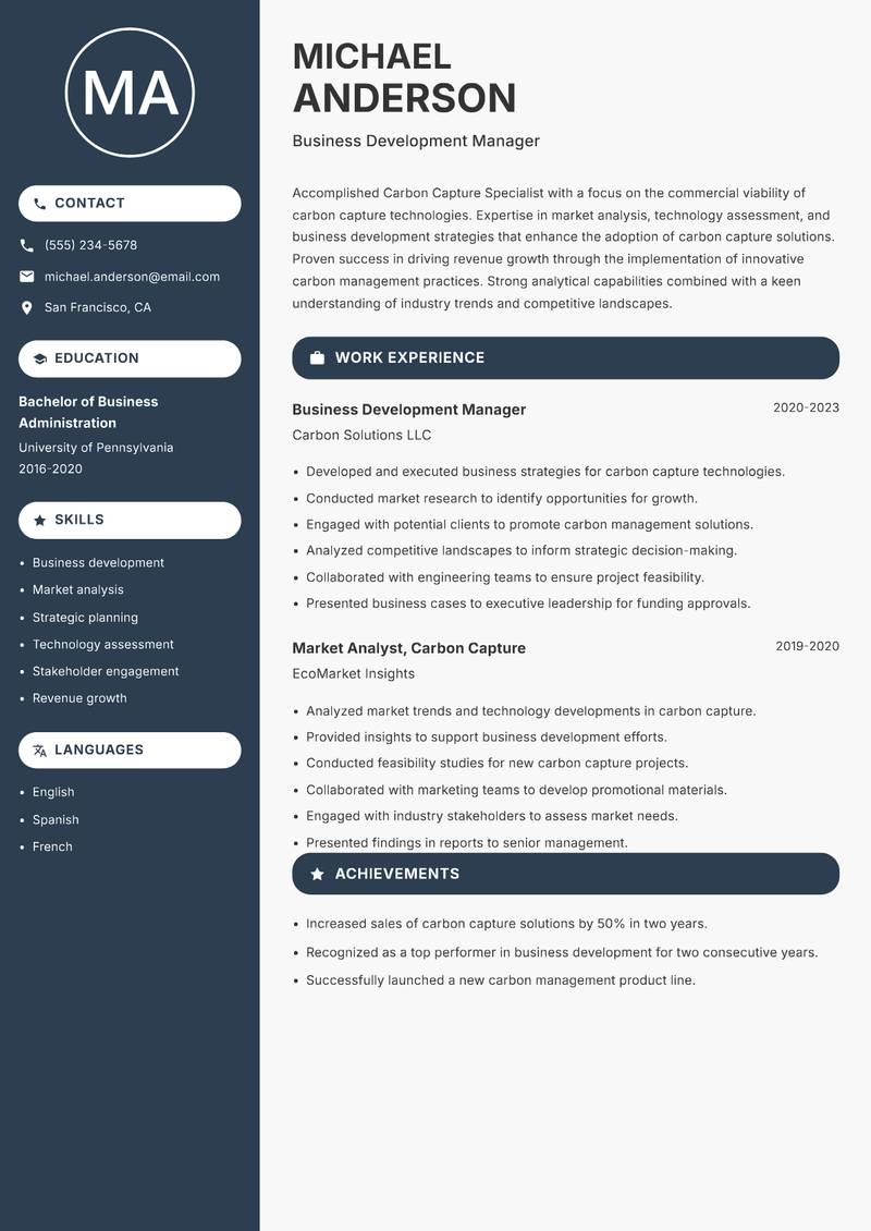Carbon Capture Specialist resume sample — Business Development Manager focus