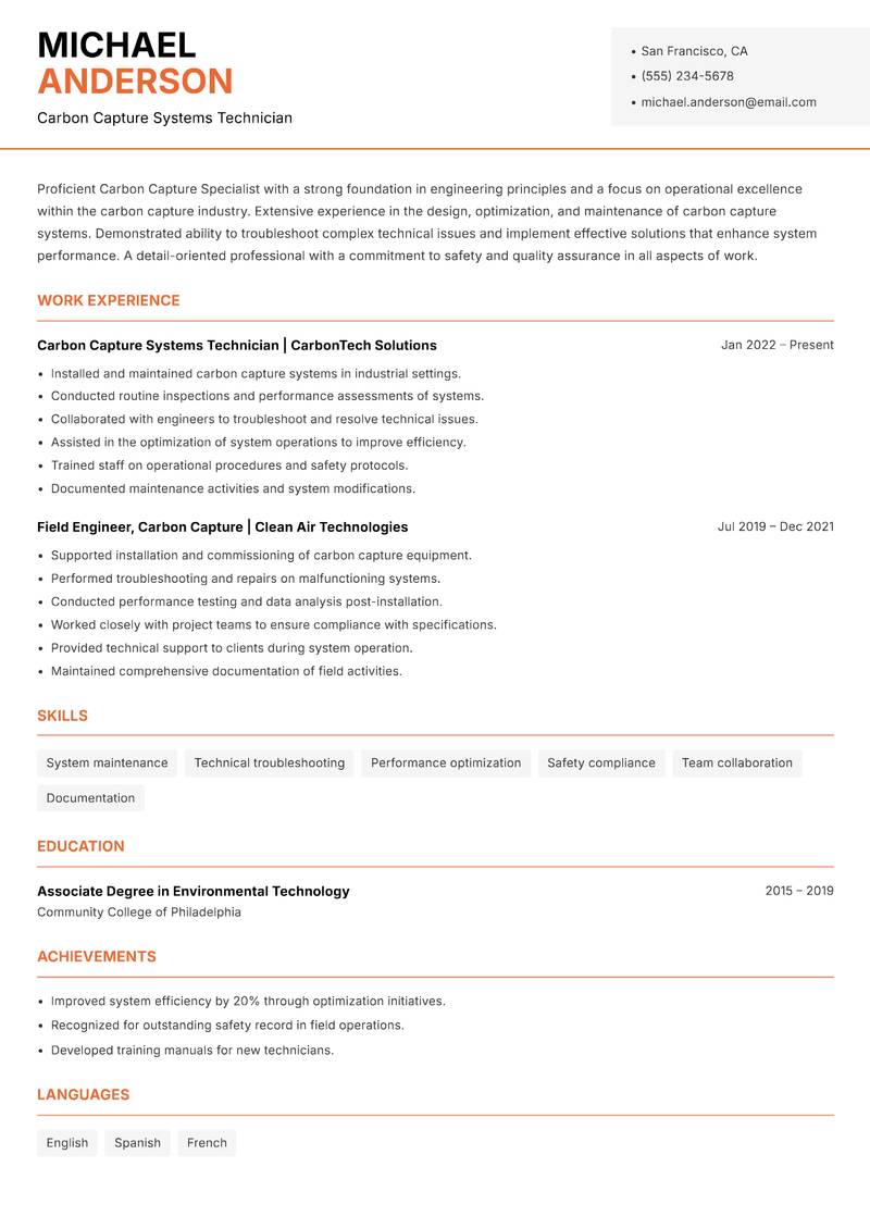 Carbon Capture Specialist resume sample — Carbon Capture Systems Technician focus