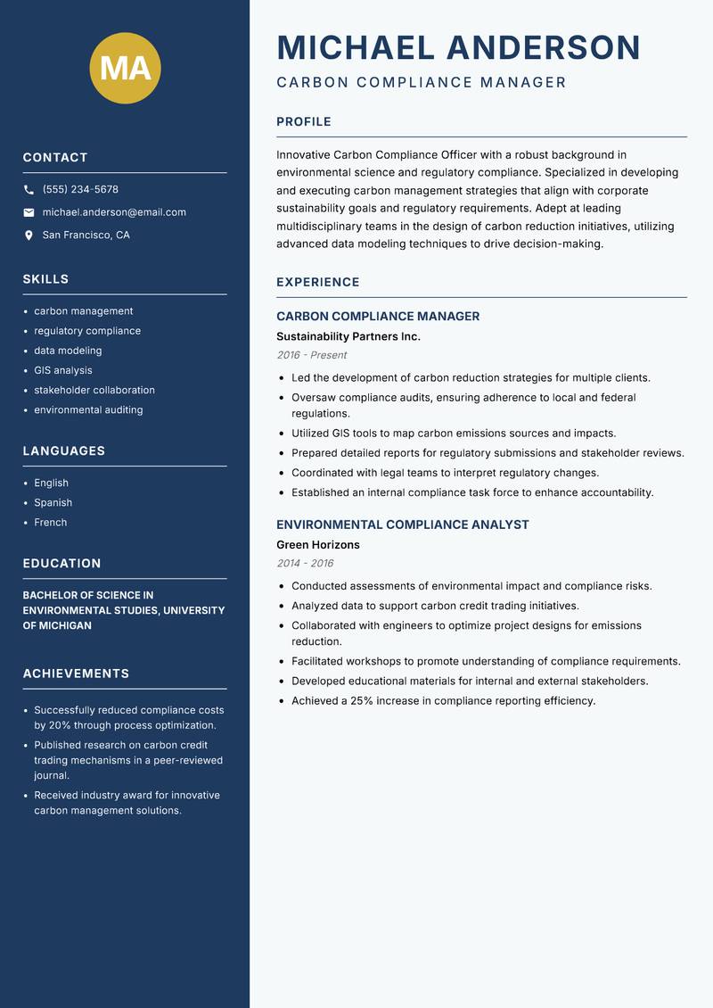 Carbon Compliance Officer resume sample — Carbon Compliance Manager focus