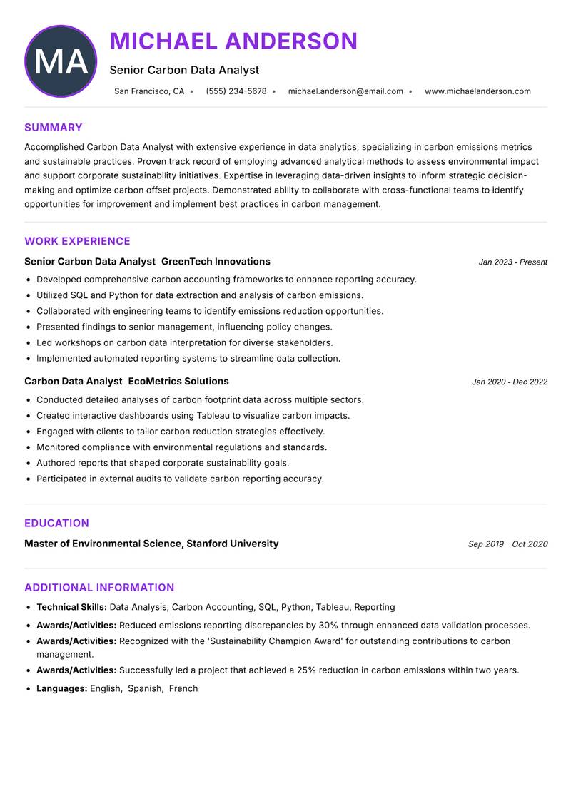 Carbon Data Analyst resume example