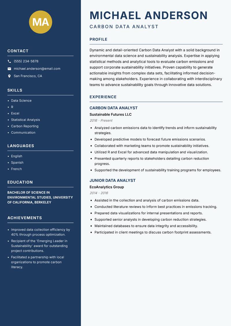 Carbon Data Analyst resume sample — Carbon Data Analyst focus