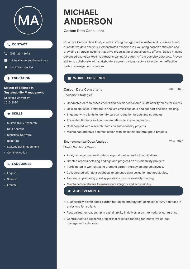 Carbon Data Analyst resume sample — Carbon Data Consultant focus