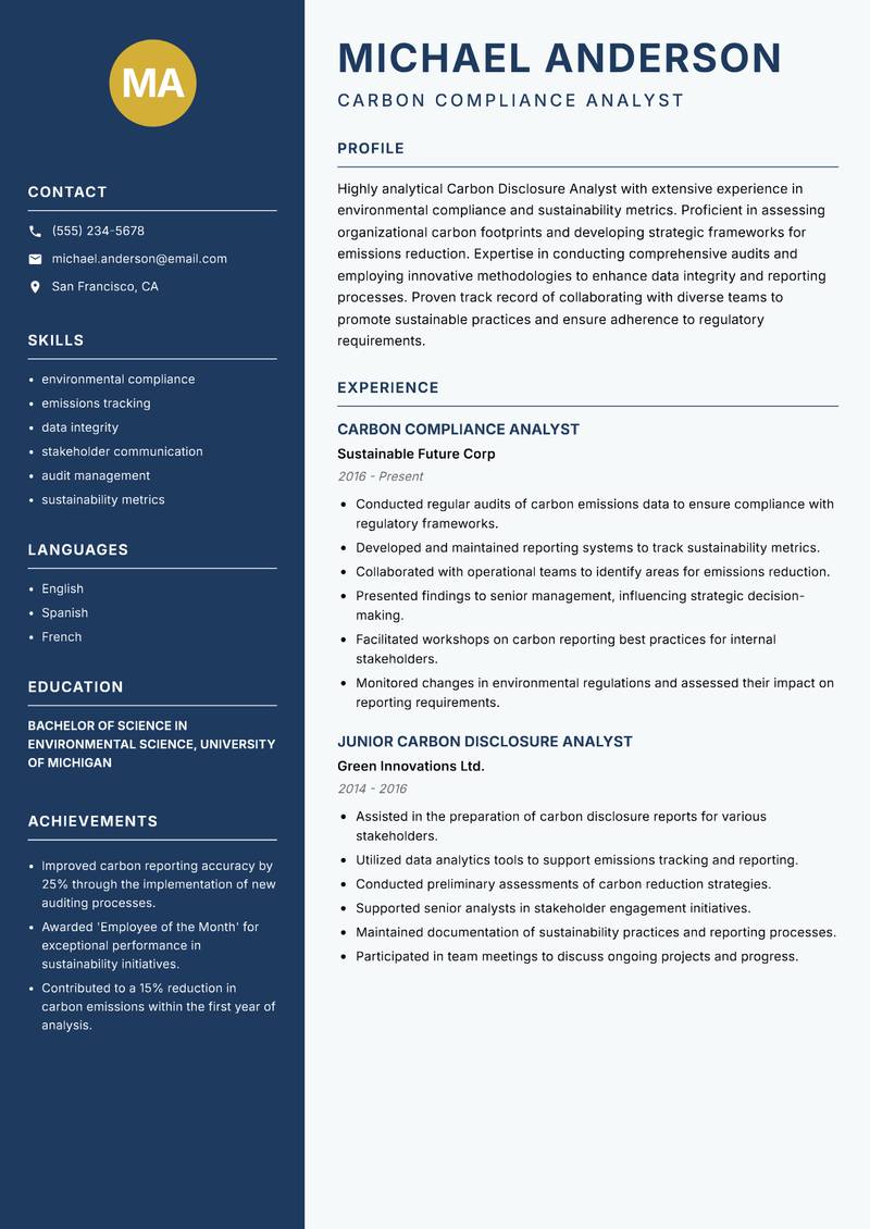 Carbon Disclosure Analyst resume sample — Carbon Compliance Analyst focus