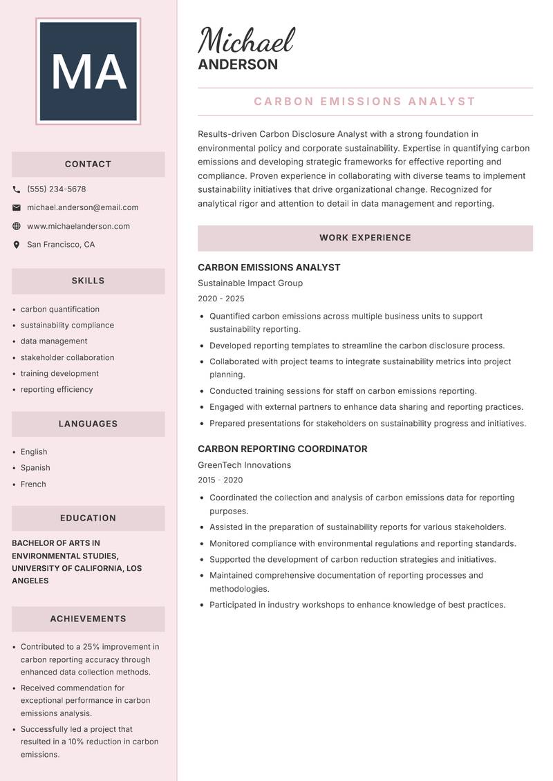 Carbon Disclosure Analyst resume sample — Carbon Emissions Analyst focus