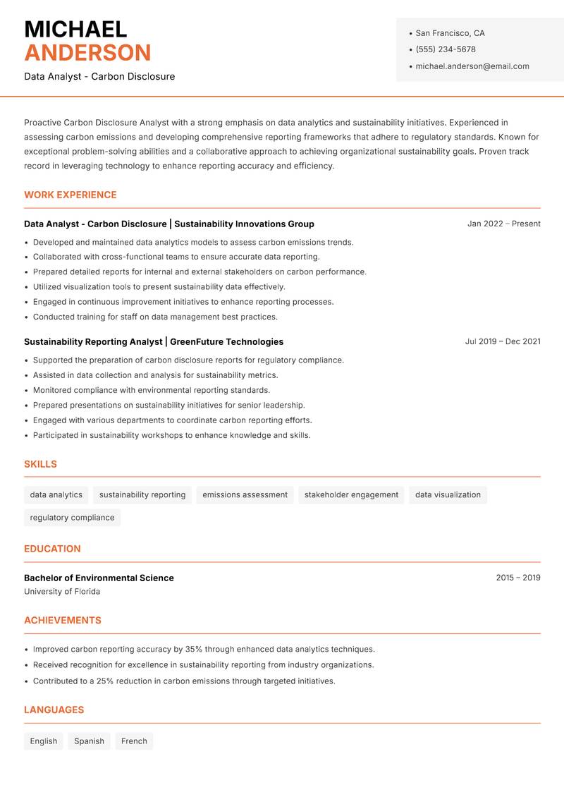 Carbon Disclosure Analyst resume sample — Data Analyst - Carbon Disclosure focus