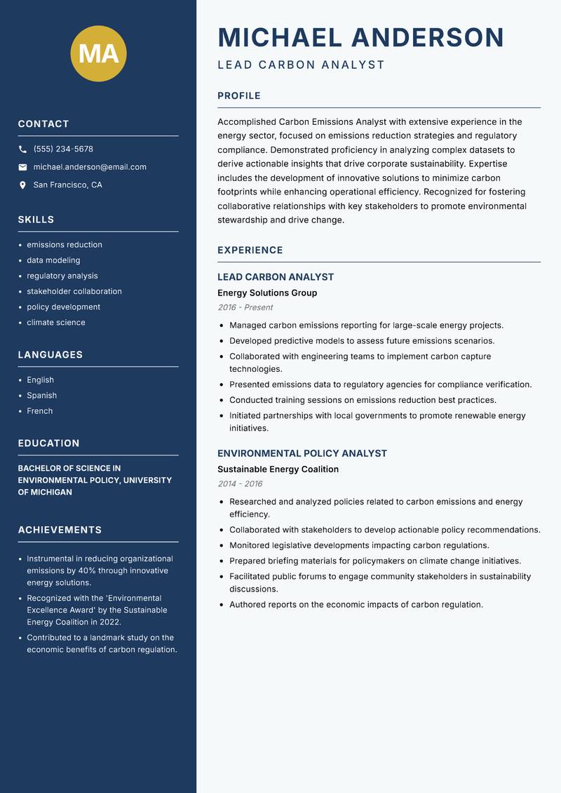 Carbon Emissions Analyst resume sample — Lead Carbon Analyst focus