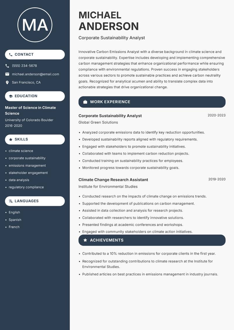 Carbon Emissions Analyst resume sample — Corporate Sustainability Analyst focus