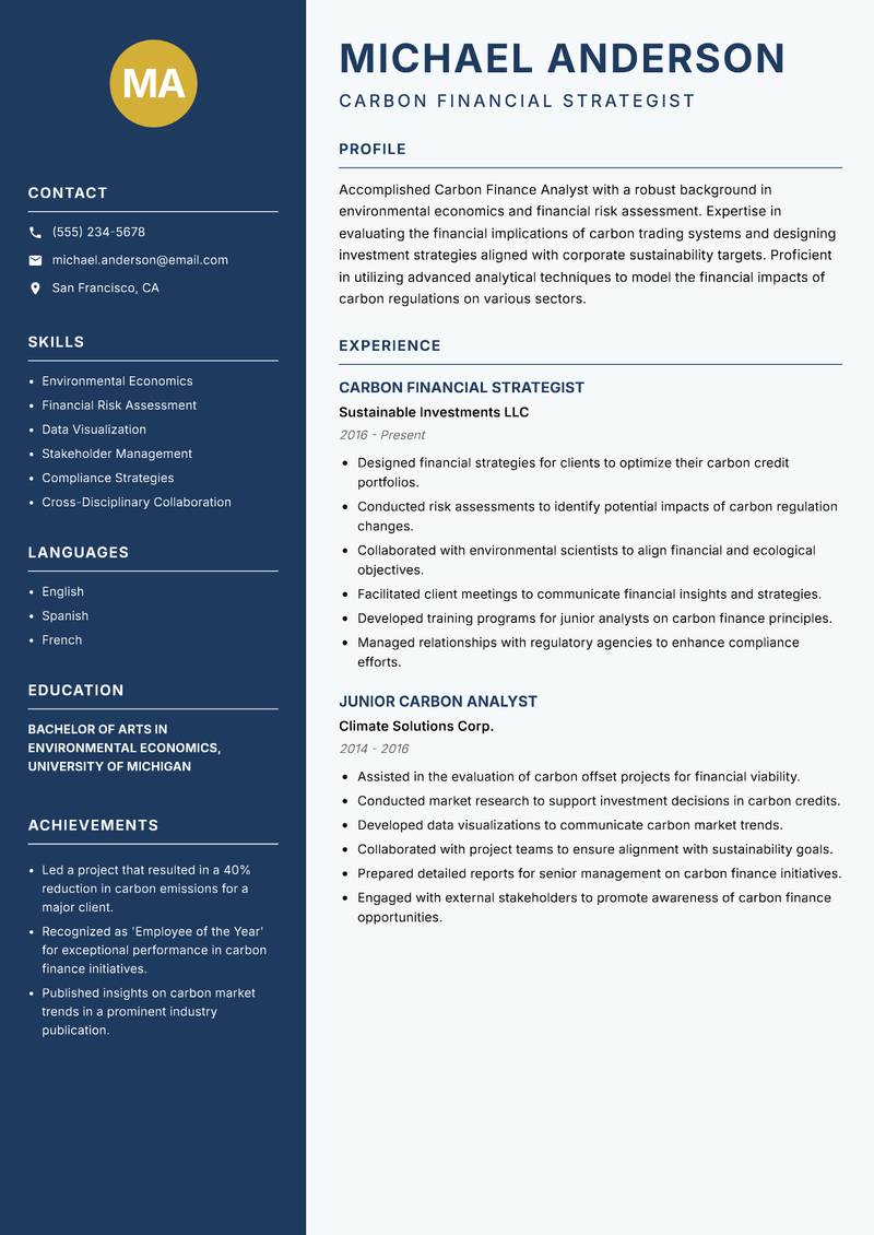 Carbon Finance Analyst resume sample — Carbon Financial Strategist focus