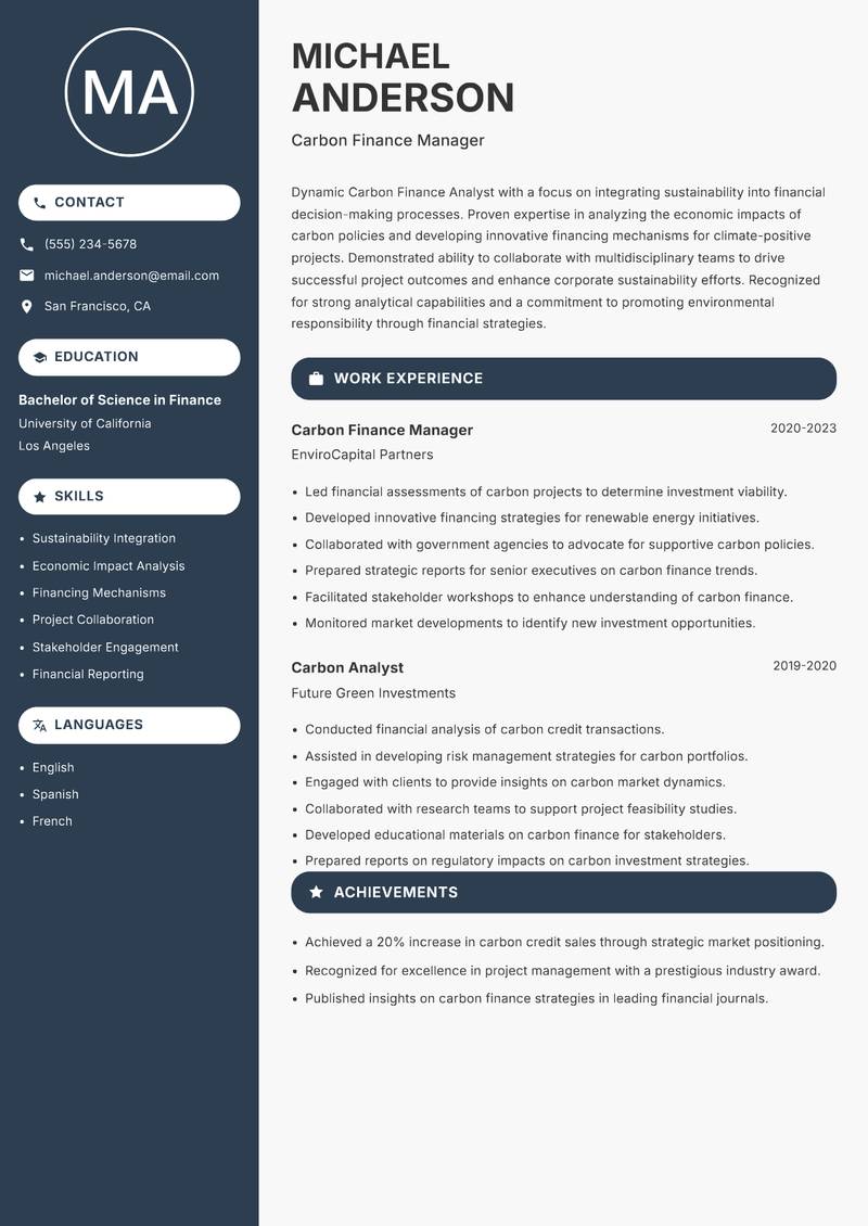 Carbon Finance Analyst resume sample — Carbon Finance Manager focus