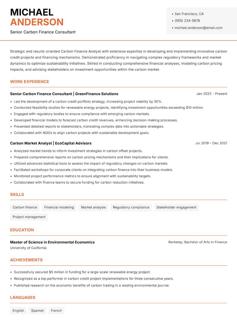 Carbon Finance Analyst resume sample — Senior Carbon Finance Consultant focus
