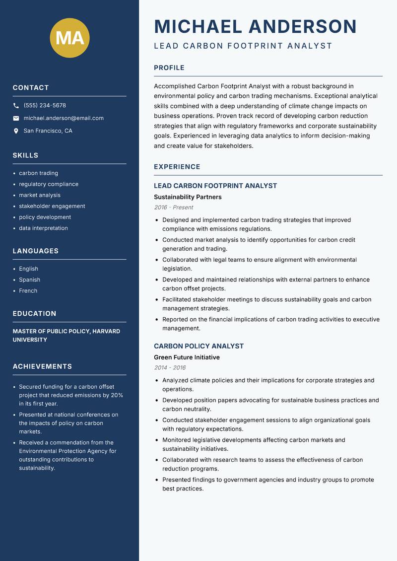 Carbon Footprint Analyst resume sample — Lead Carbon Footprint Analyst focus