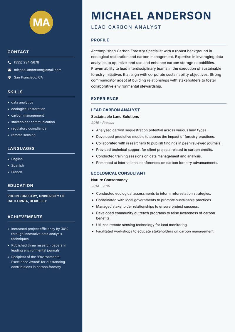 Carbon Forestry Specialist resume sample — Lead Carbon Analyst focus