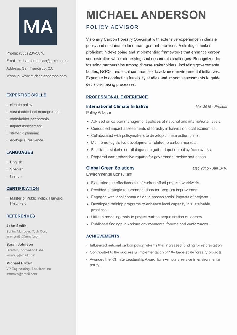 Carbon Forestry Specialist resume sample — Policy Advisor focus