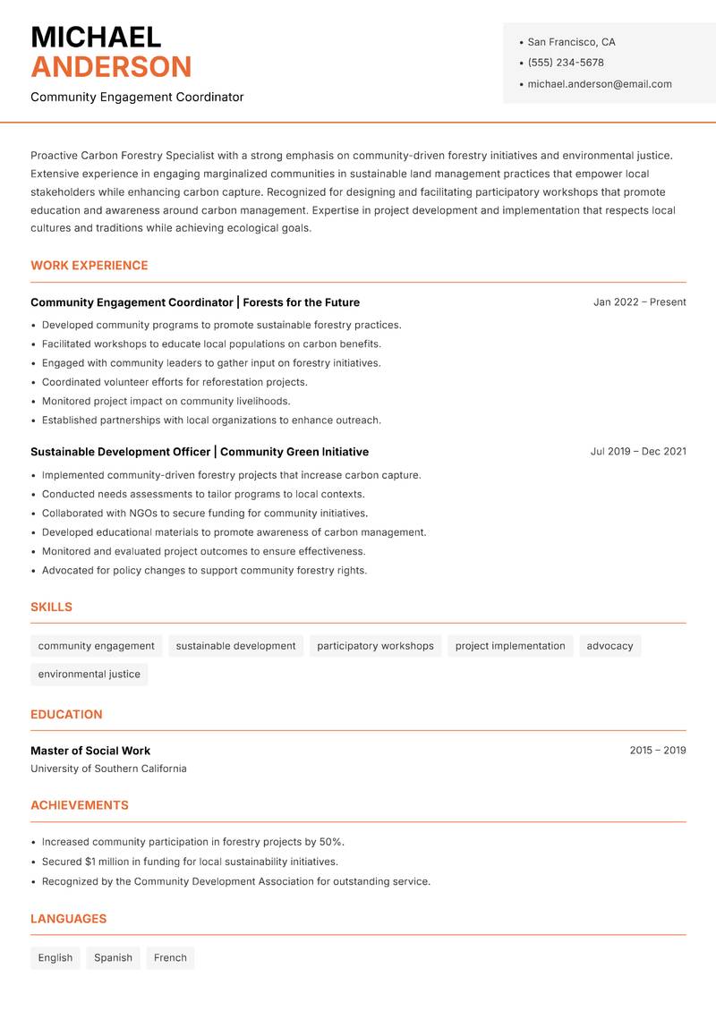 Carbon Forestry Specialist resume sample — Community Engagement Coordinator focus