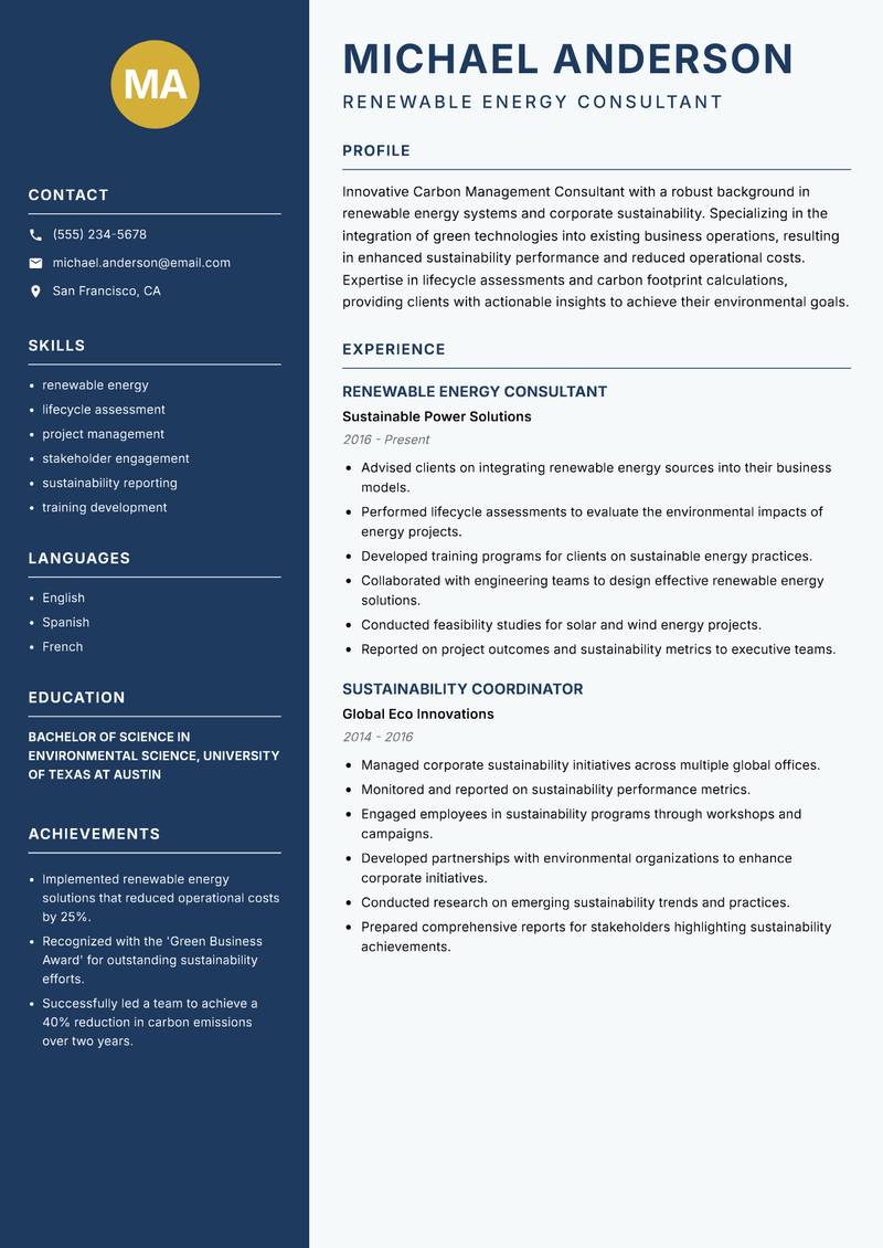 Carbon Management Consultant resume sample — Renewable Energy Consultant focus