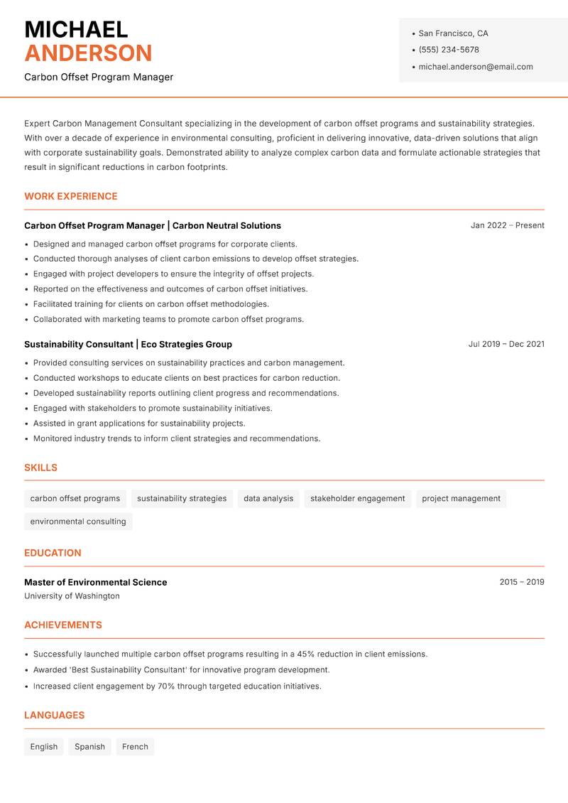 Carbon Management Consultant resume sample — Carbon Offset Program Manager focus